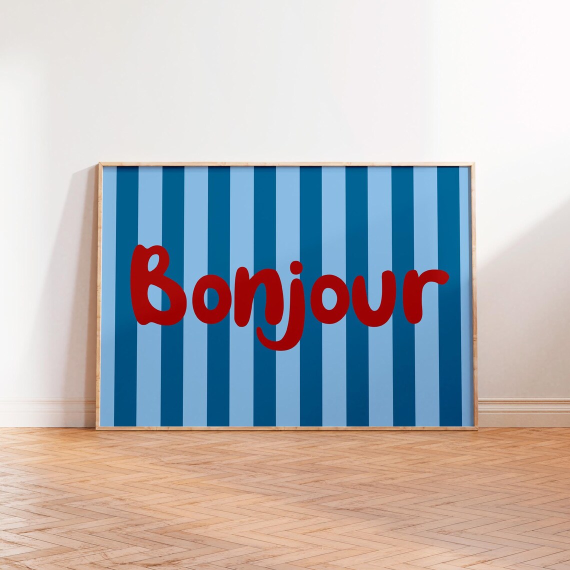 Bonjour French Quote Poster Red Script On Blue Striped Landscape
