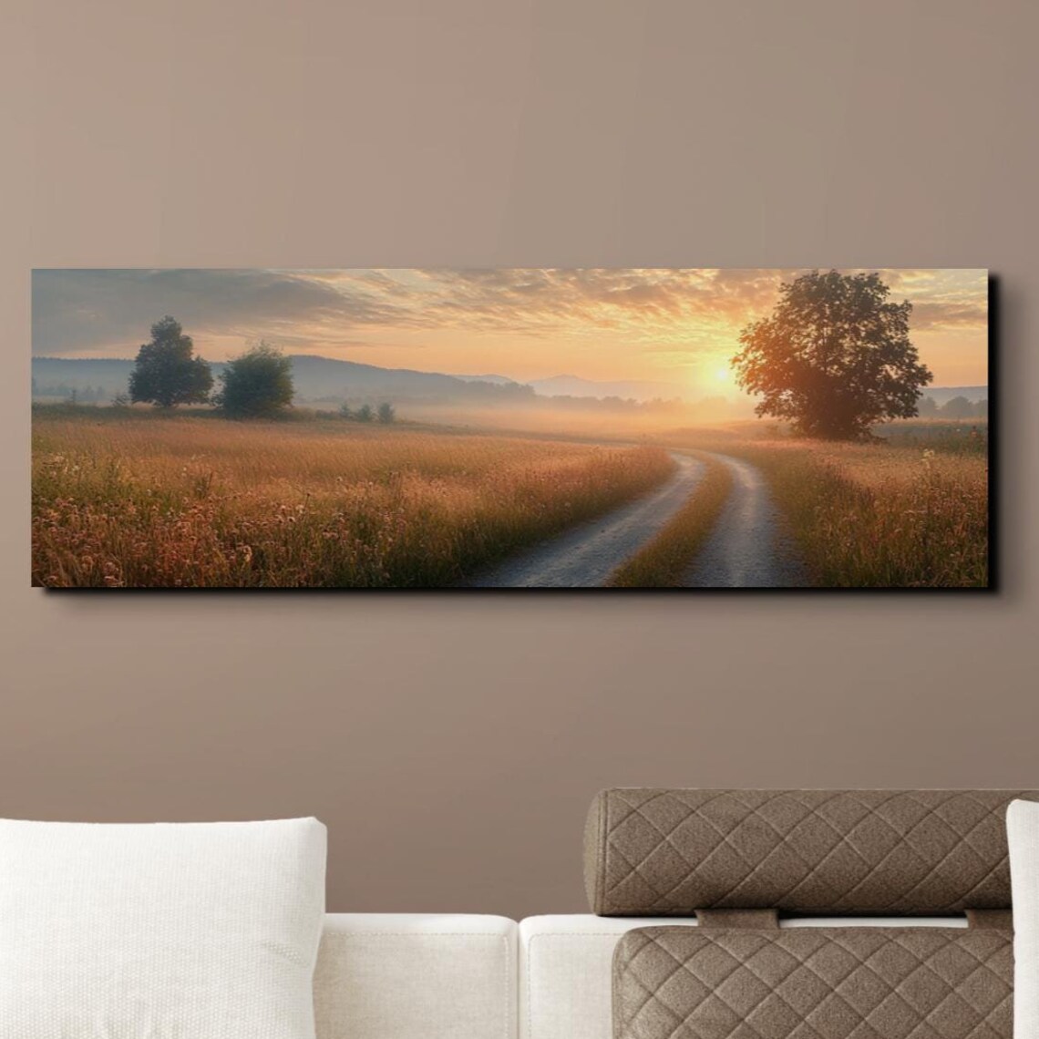 Golden Sunrise Over Wheat Field Dirt Road Misty Morning Poster