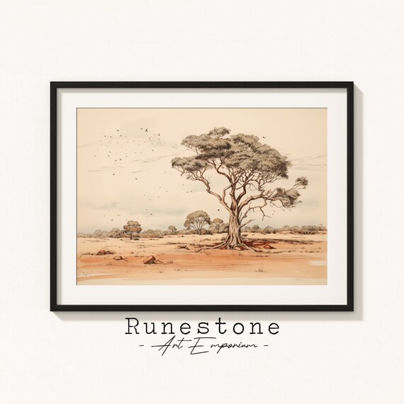African Savanna Acacia Tree Watercolor Birds Red Earth Nature Poster