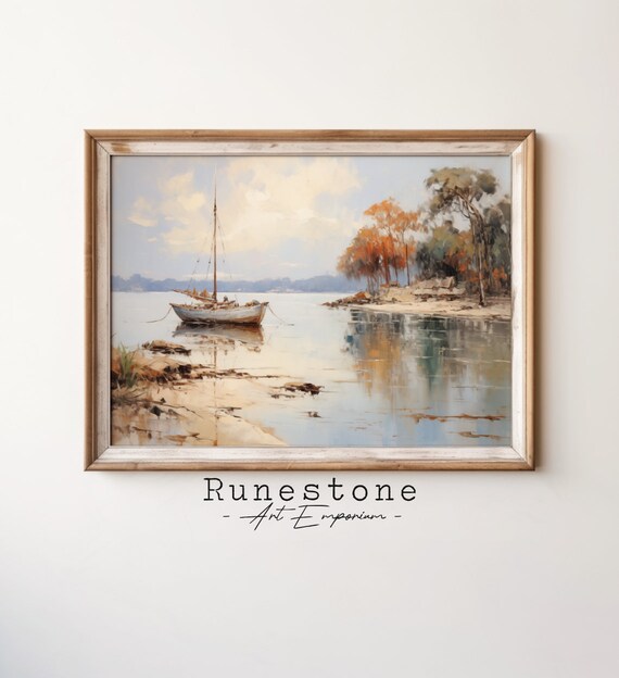 Sailing Boat Anchored By Autumn Shore Vintage Oil Painting Poster