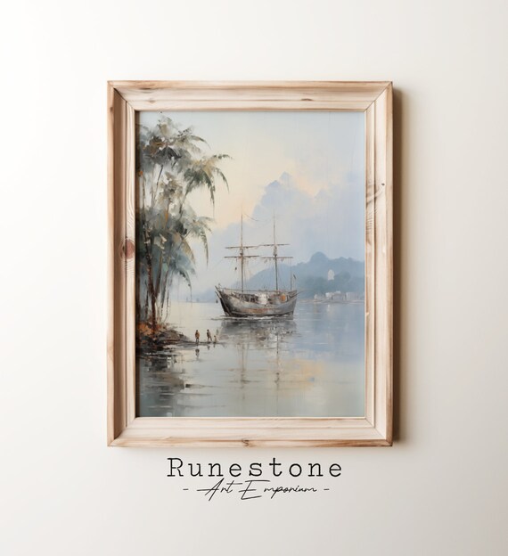 Tall Sailing Ship At Anchor Misty Tropical Bay Watercolor Art Poster