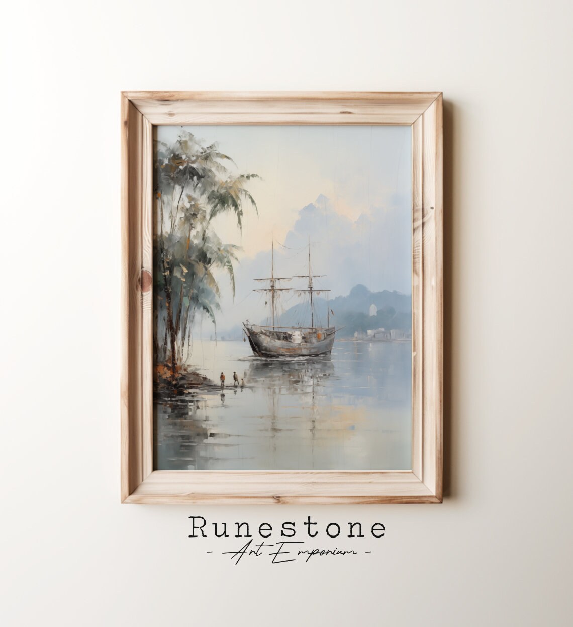 Tall Sailing Ship At Anchor Misty Tropical Bay Watercolor Art Poster