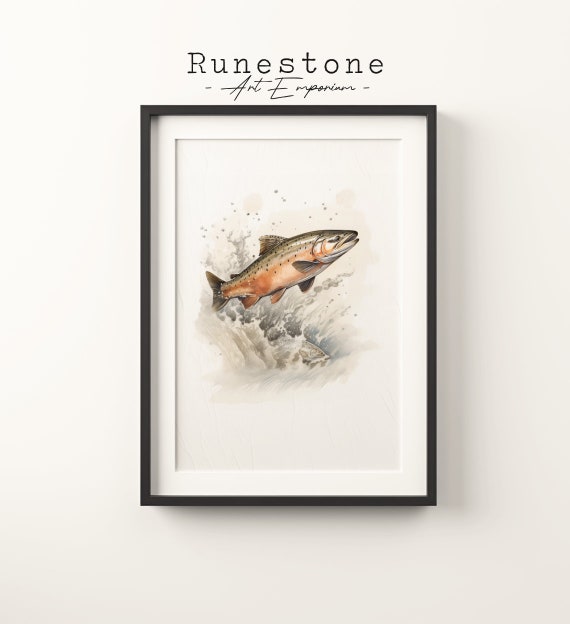 Vintage Salmon Swimming Sketch Print Forest River Boho Wall Art Minimalist Bohemian Hand Drawn