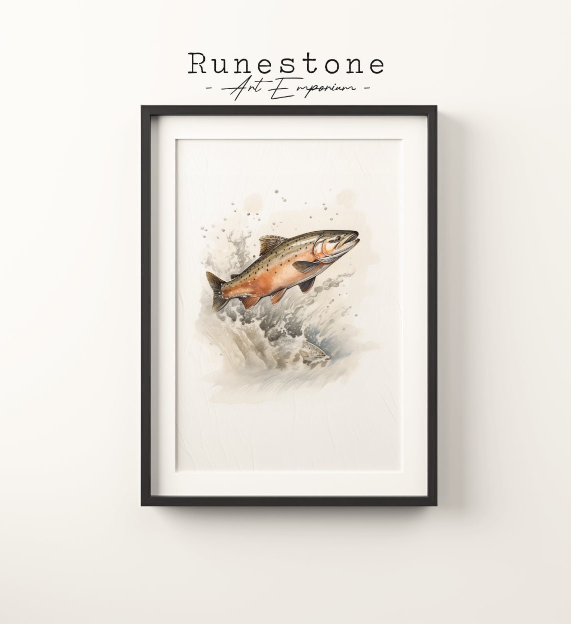 Vintage Salmon Swimming Sketch Print Forest River Boho Wall Art Minimalist Bohemian Hand Drawn