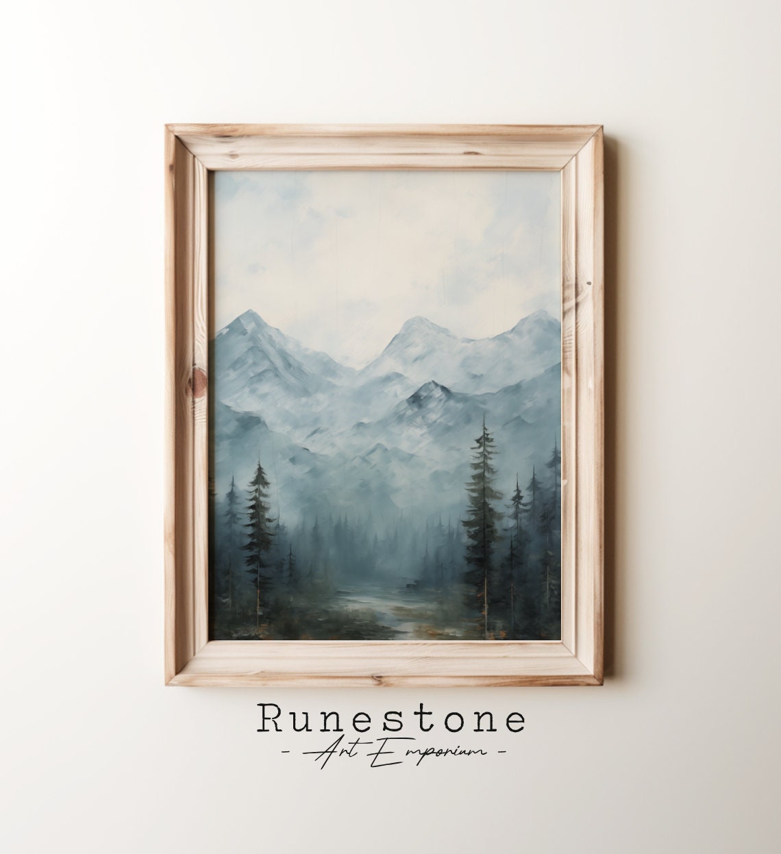 Misty Blue Mountain Range Pine Forest Landscape Painting Poster