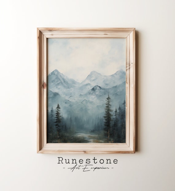 Mountain Range Vintage Oil Painting Art Misty Mountains Wall