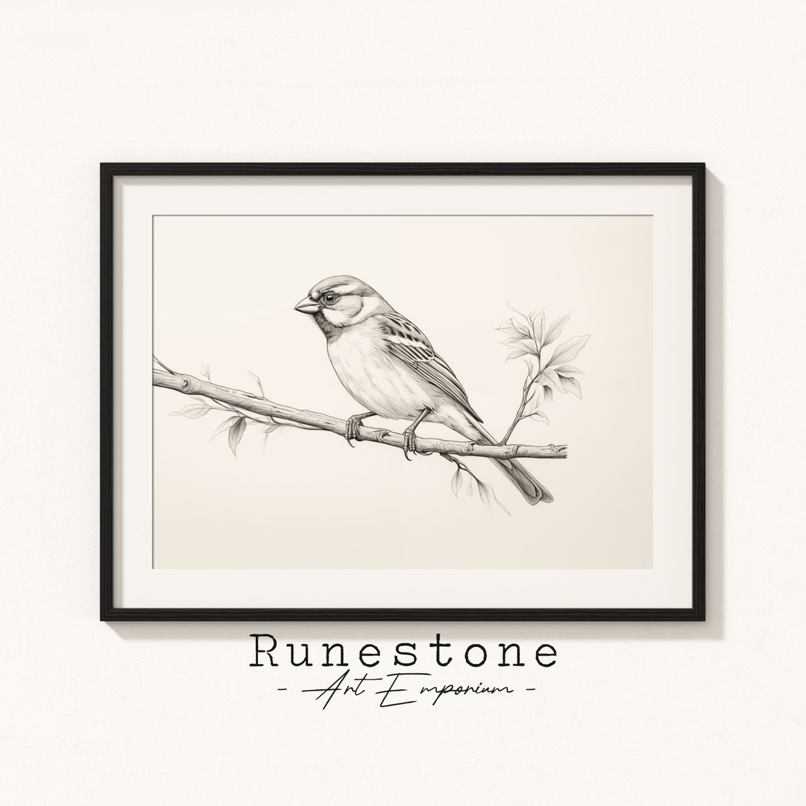 Sparrow On Branch Detailed Pencil Sketch Minimal Bird Art Poster