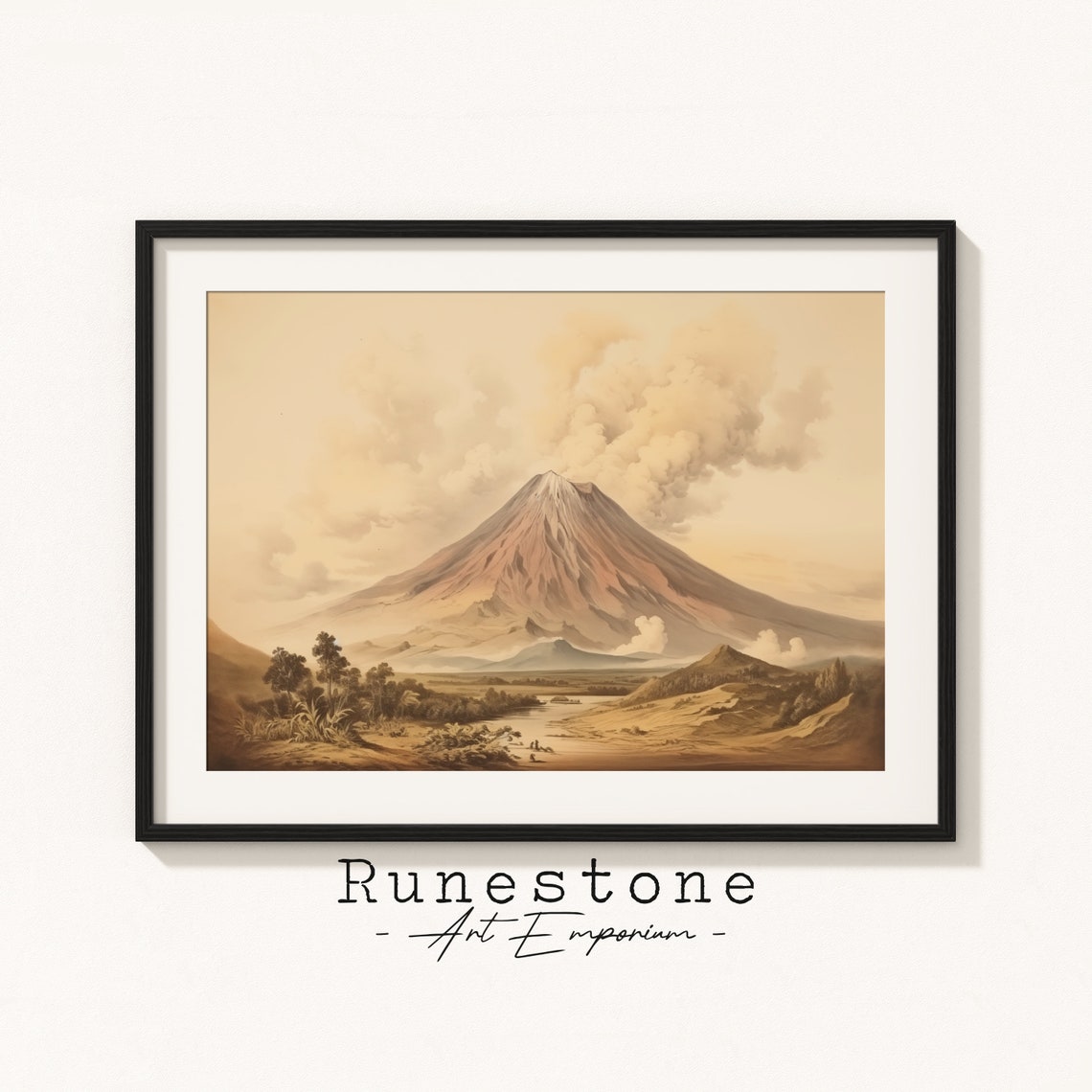 Antique Volcano Eruption Sepia Engraving Natural Wonder Poster