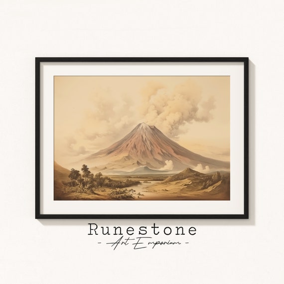 Antique Paricutin Volcano Sketch Natural Wonders Wall Art Vintage Bohemian Hand Drawn Landscape Print