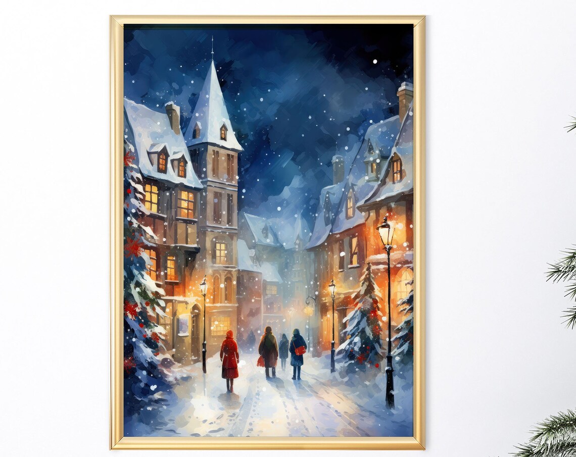 Snowy Christmas Street Church Tower Night Watercolor Art Print
