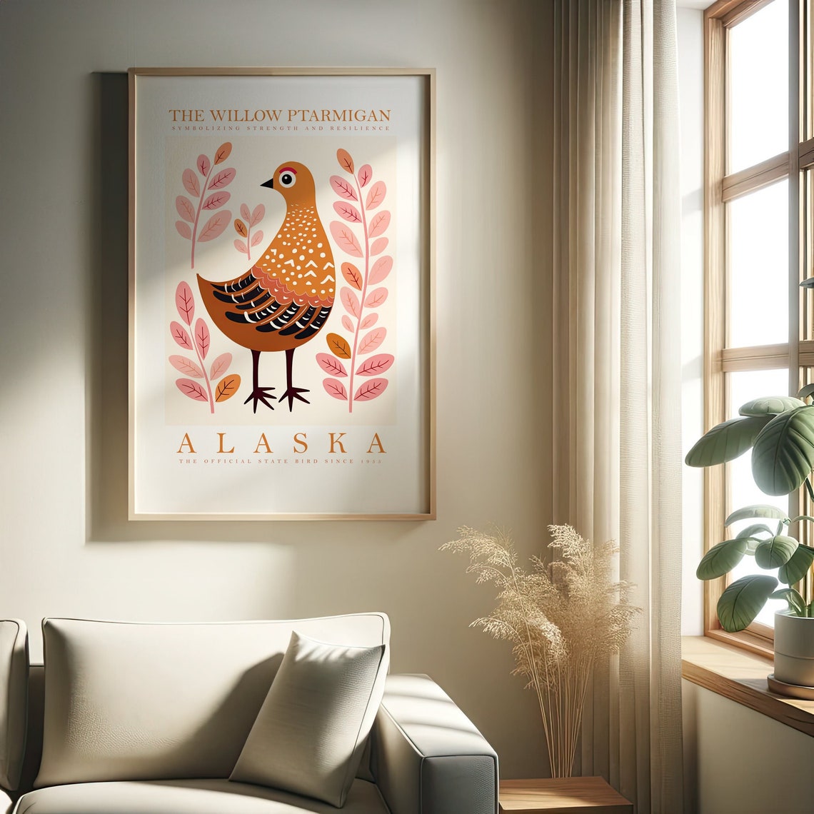 Alaska Willow Ptarmigan Folk Bird State Art Botanical Poster