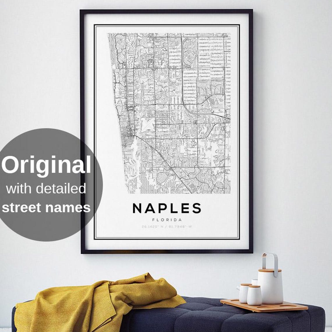 Naples Florida City Street Map Black and White Beach Home Poster