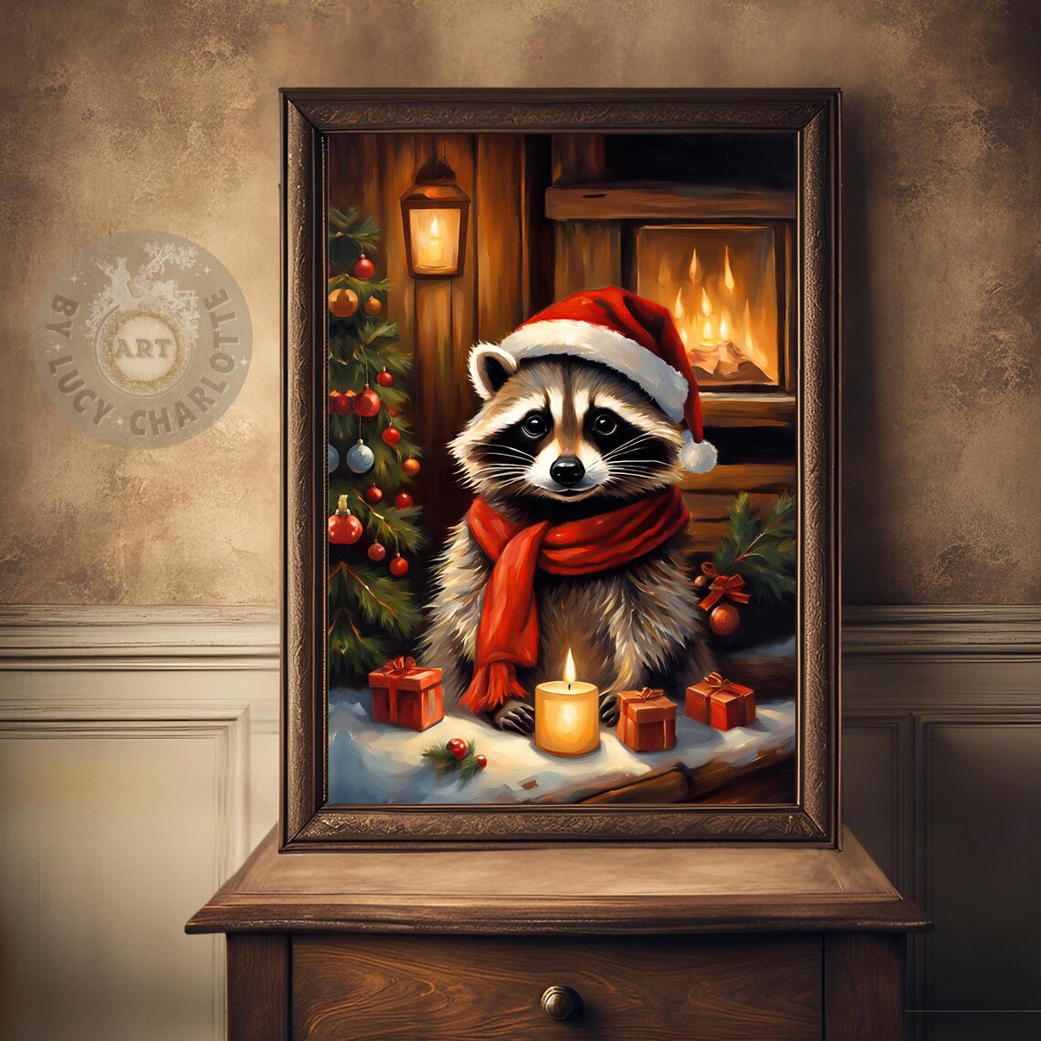 Christmas Raccoon In Santa Hat Painting By Fireplace With Gifts Poster - Image 2