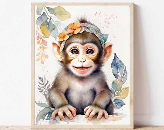 Smiling Baby Monkey Floral Headband Watercolor Nursery Art Poster