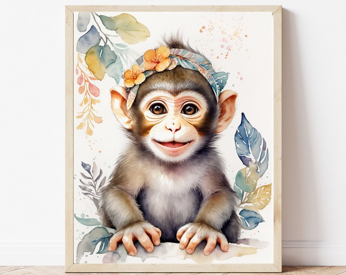 Smiling Baby Monkey Floral Headband Watercolor Nursery Art Poster