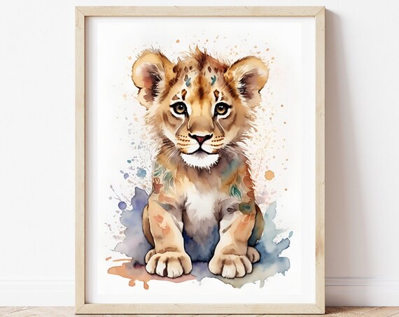 Baby Lion Cub Cute Watercolor Splash Animal Nursery Art Poster