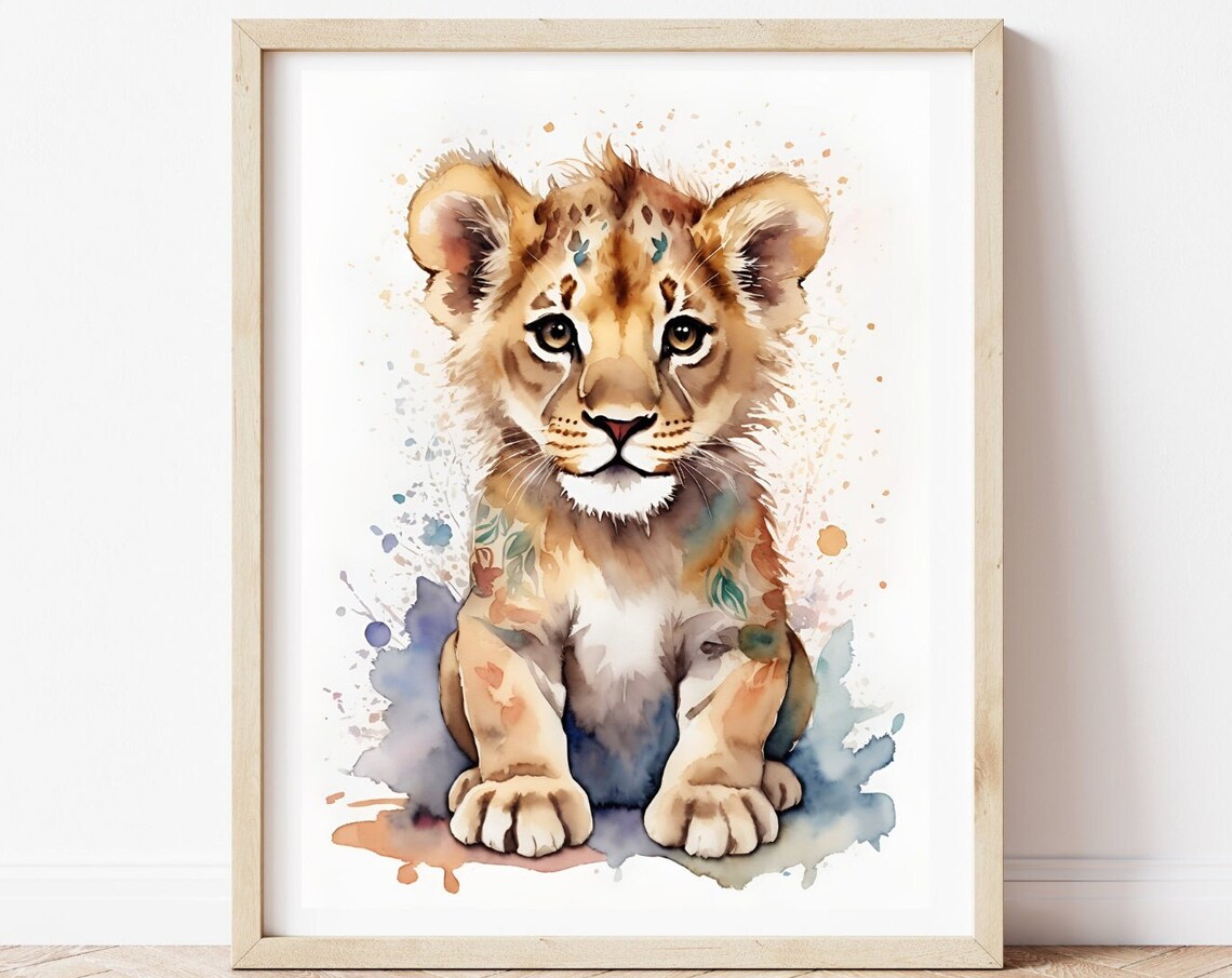 Baby Lion Cub Cute Watercolor Splash Animal Nursery Art Poster