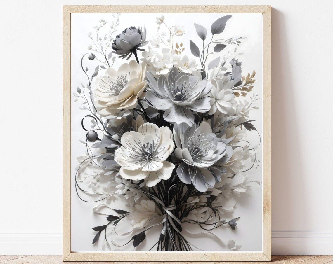 Gray and White Floral Bouquet Elegant Chic Monochrome Art Poster