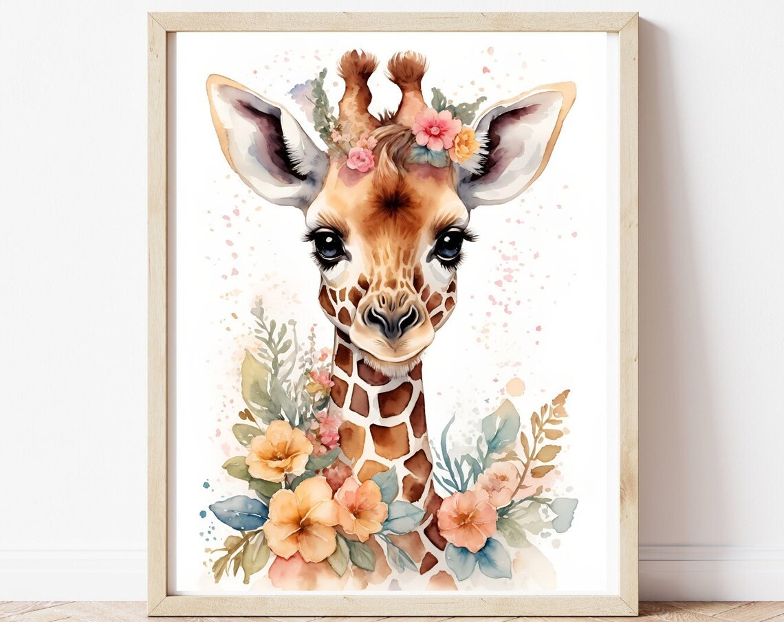 Baby Giraffe Flower Crown Watercolor Nursery Animal Art Poster