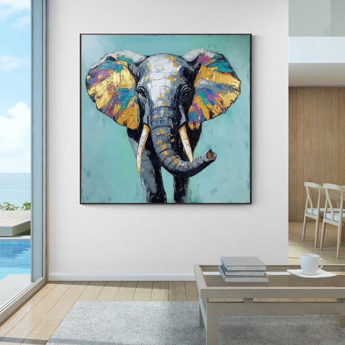 Wise Elephant Portrait With Paint Splashed Colorful Ears Square Poster - Image 4