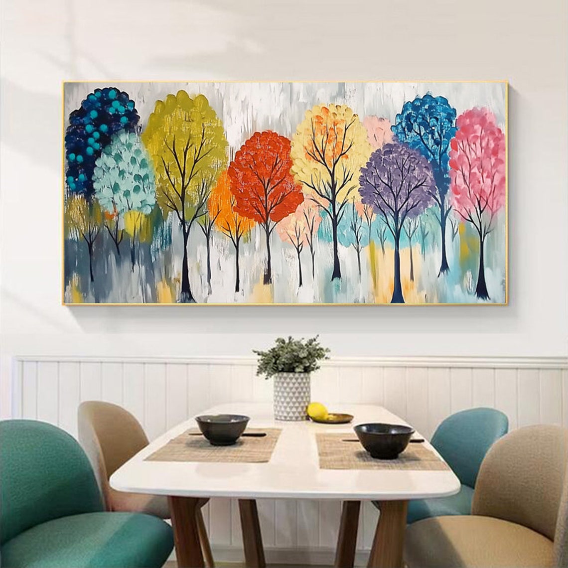 Cheerful Row of Rainbow Color Trees in Whimsical Forest Poster - Image 4