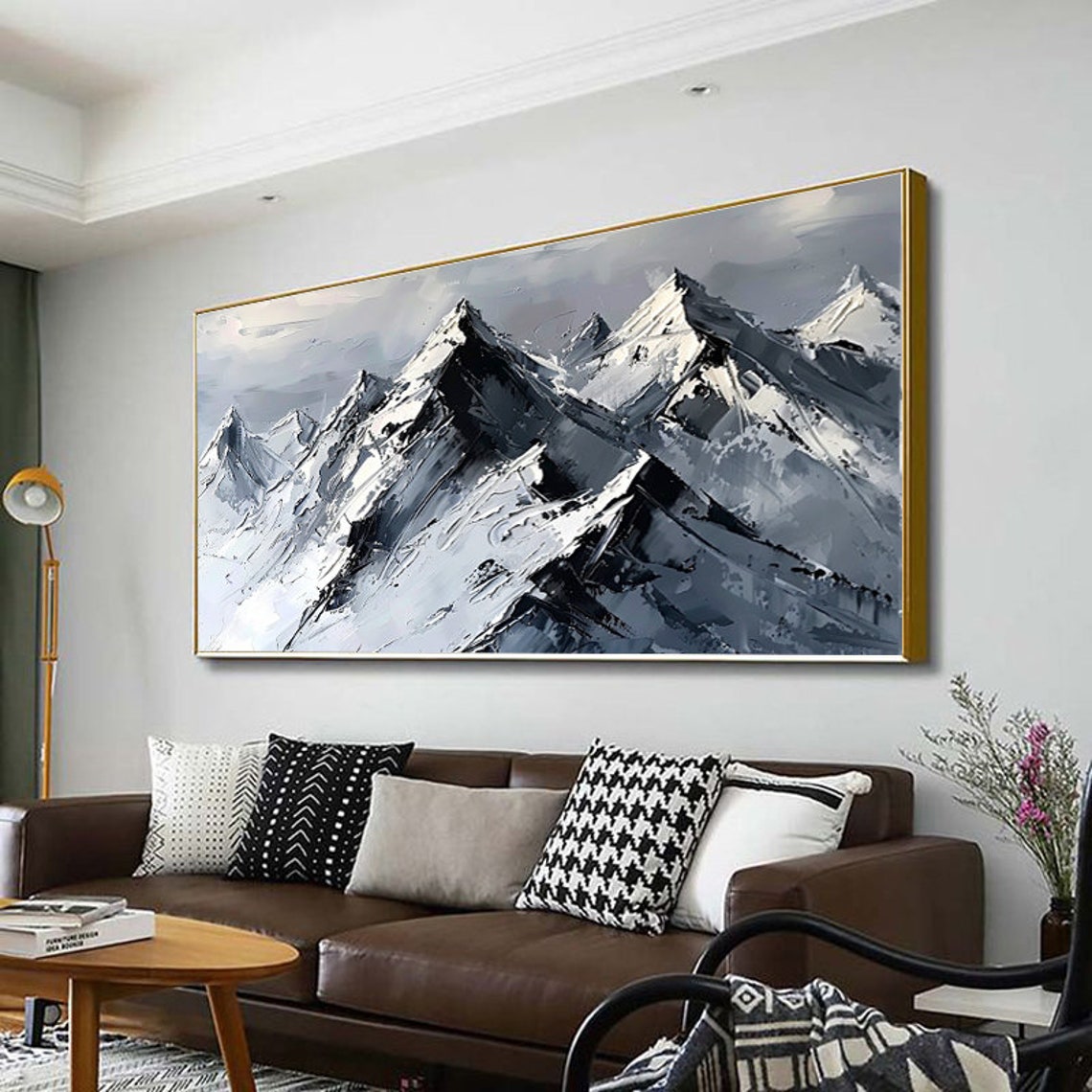 Monochrome Alpine Ridge Panorama Snowy Peaks Mountain Painting Poster - Image 5
