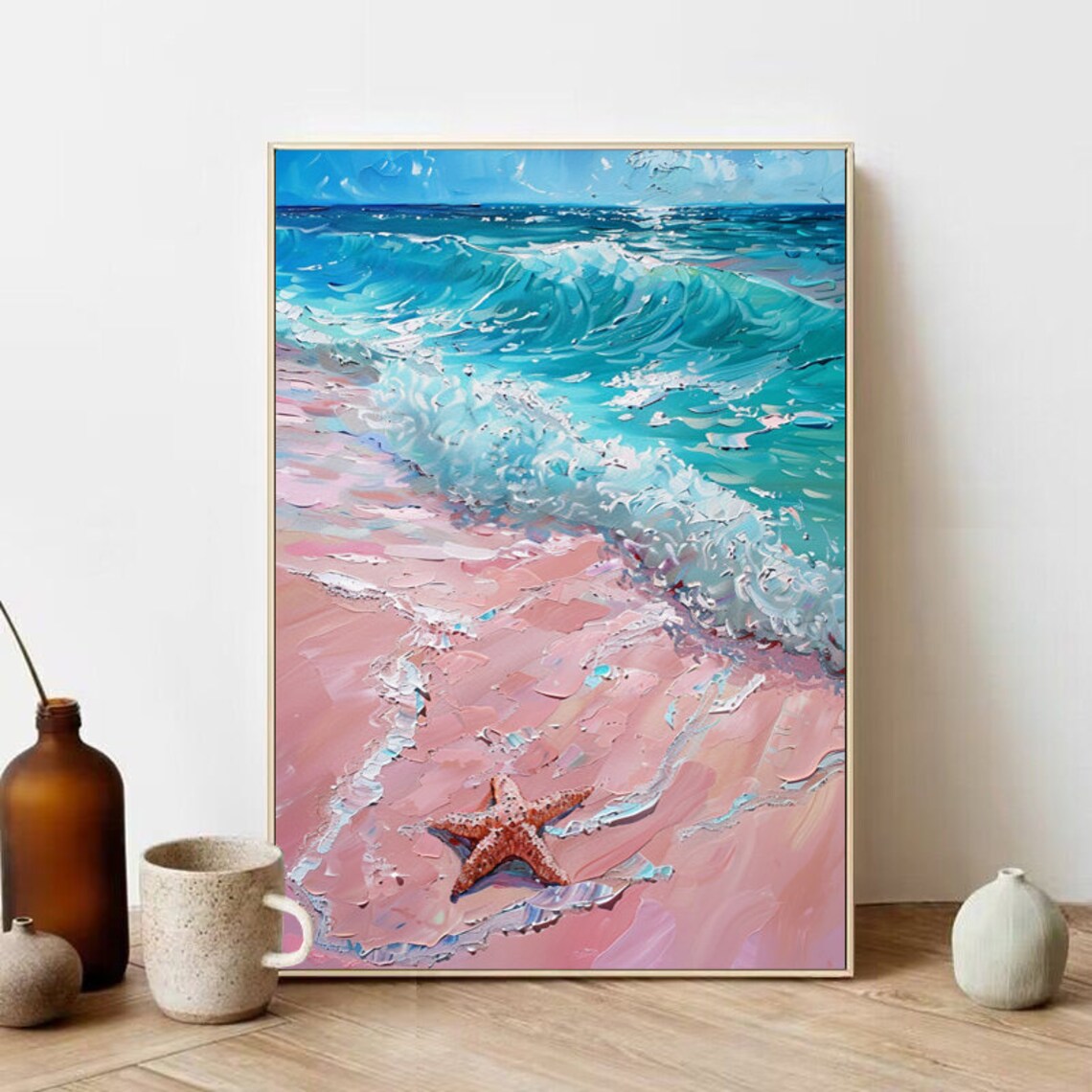 Turquoise Waves On Pink Sand Beach With Starfish Coastal Art Poster