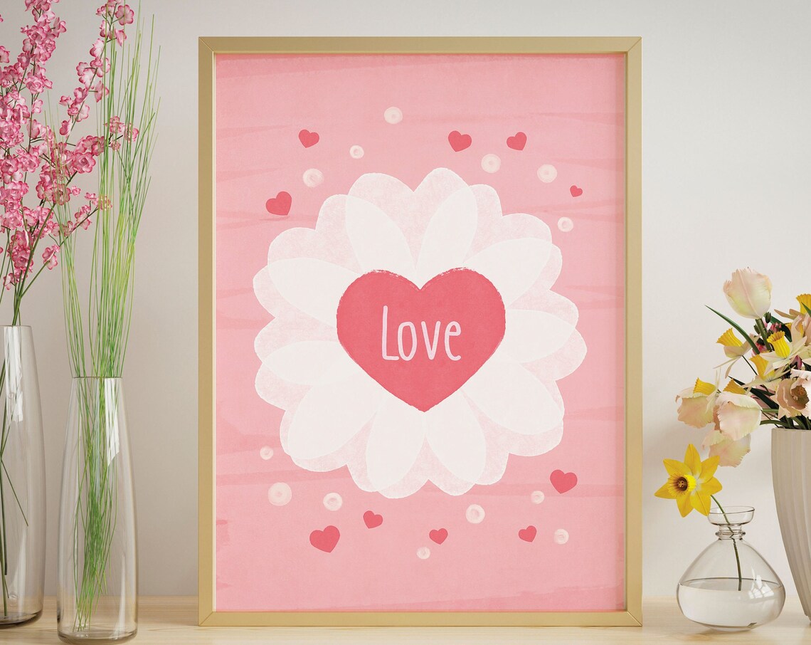 Love Heart Daisy Flower Pink Valentine Sweetheart Romance Wall Art
