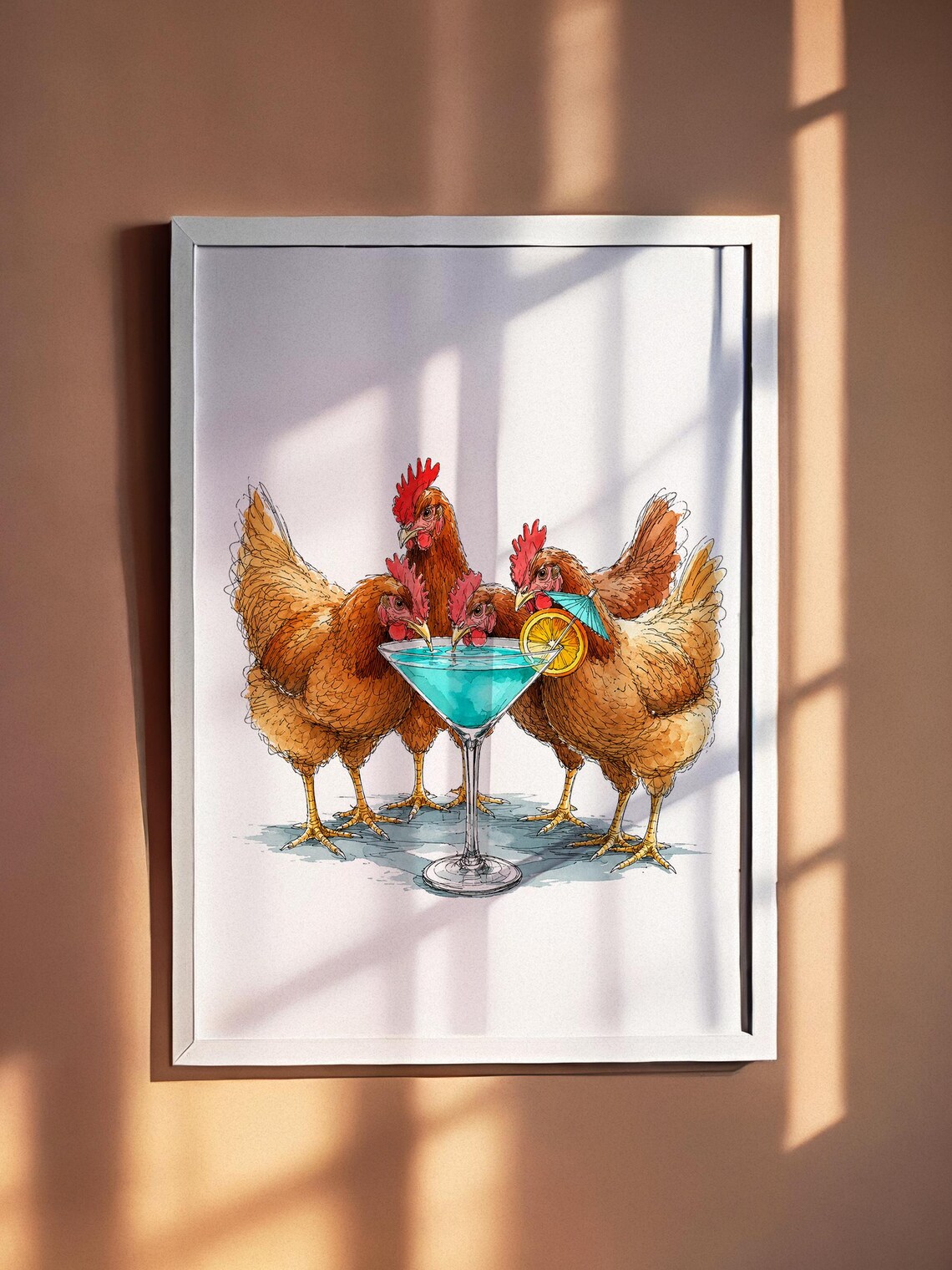 Funny Chicken Cocktail Illustration, Kitchen Wall Art