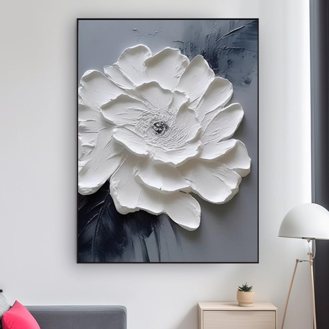 White Layered Bloom Gray Textured Background Modern Floral Art Poster - Image 3