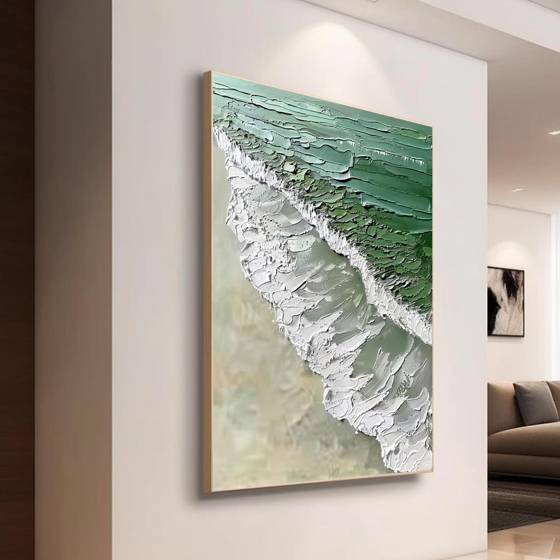 Aerial Green Coast White Foam Waves Textured Ocean Art Poster - Image 4