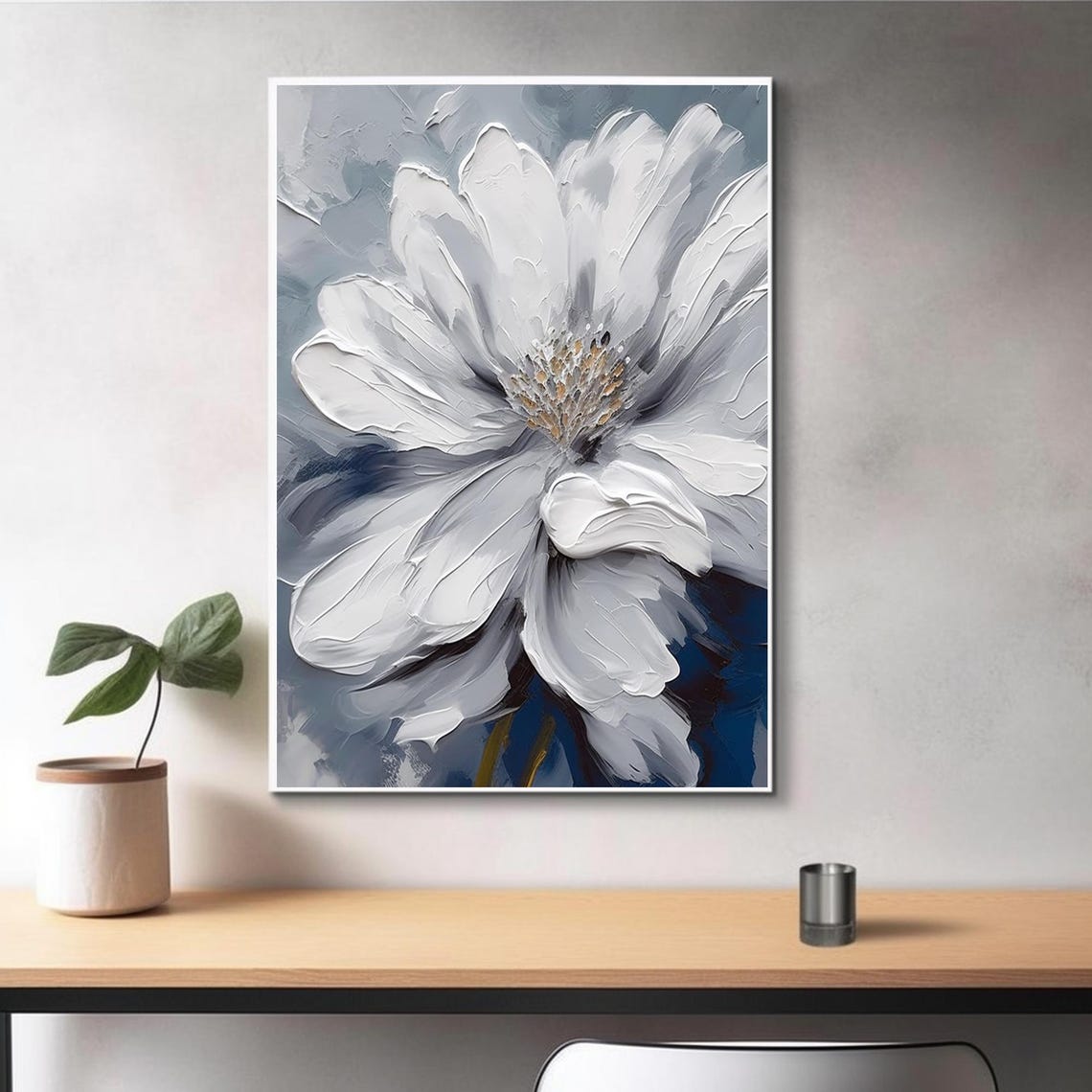 Giant White Flower Over Deep Blue Textured Floral Abstract Art Poster - Image 4