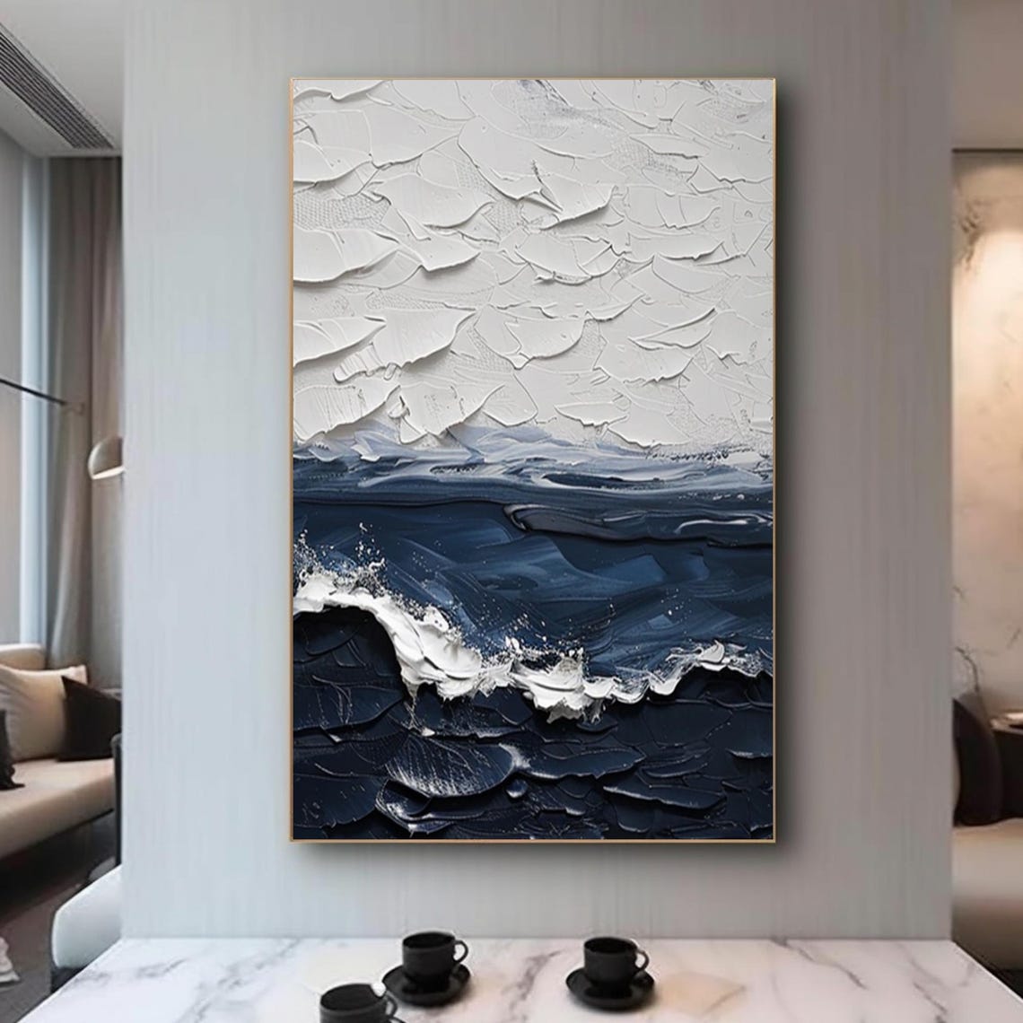 Navy Blue Ocean Wave Thick Texture Impasto Seascape Art Poster