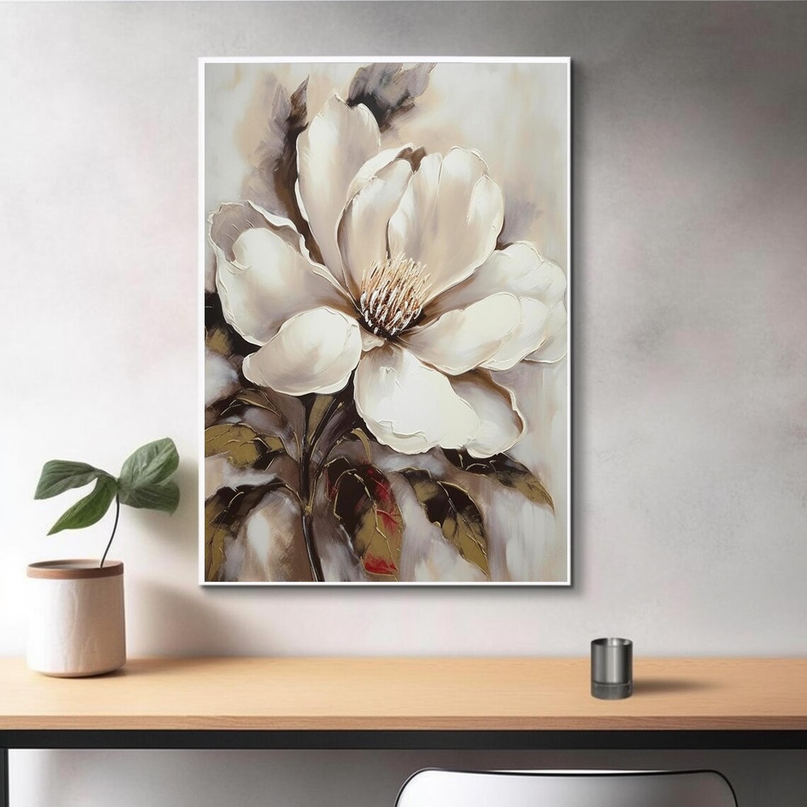 Cream Magnolia Bloom Golden Foliage Warm Neutral Floral Art Poster - Image 4
