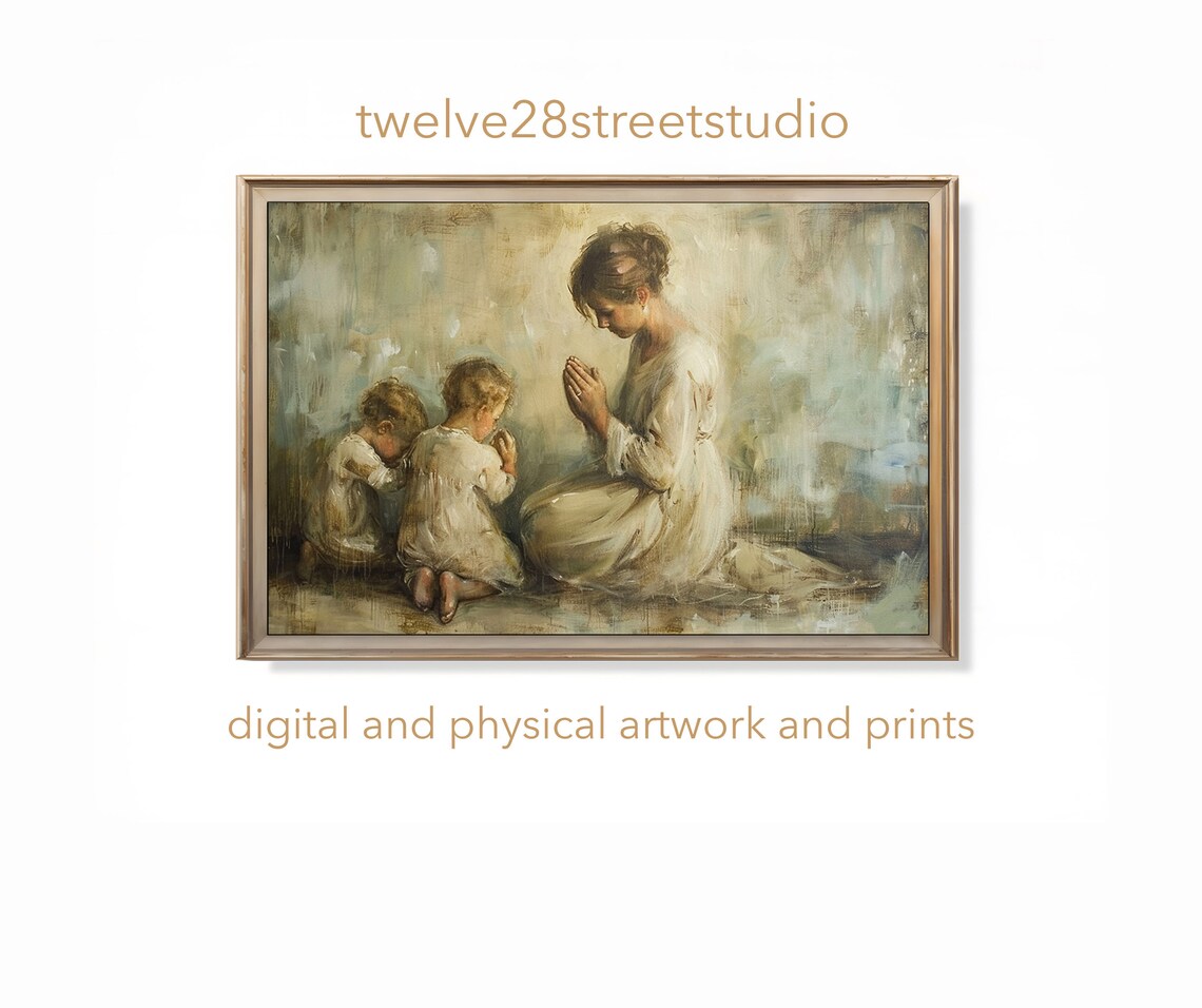 Mother and Children Praying, Christian Art Print