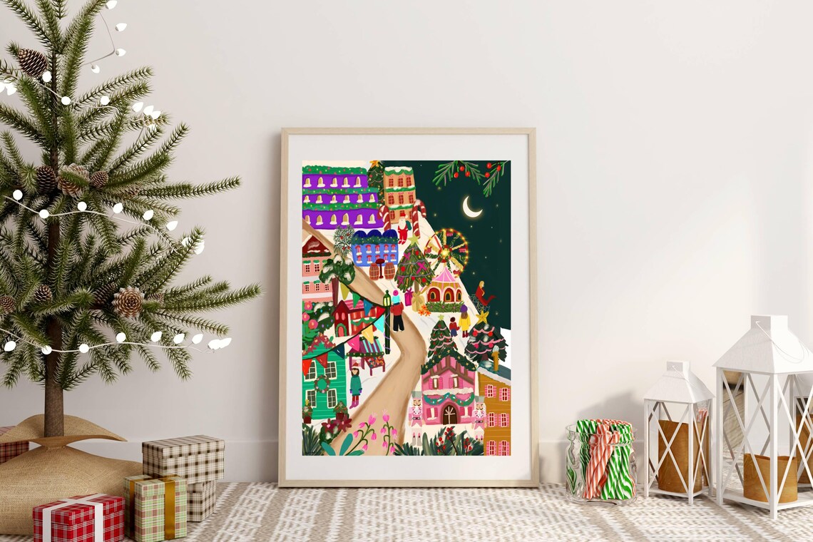 Cozy Snowy Christmas Market Village Night Ferris Wheel Art Print - Image 5