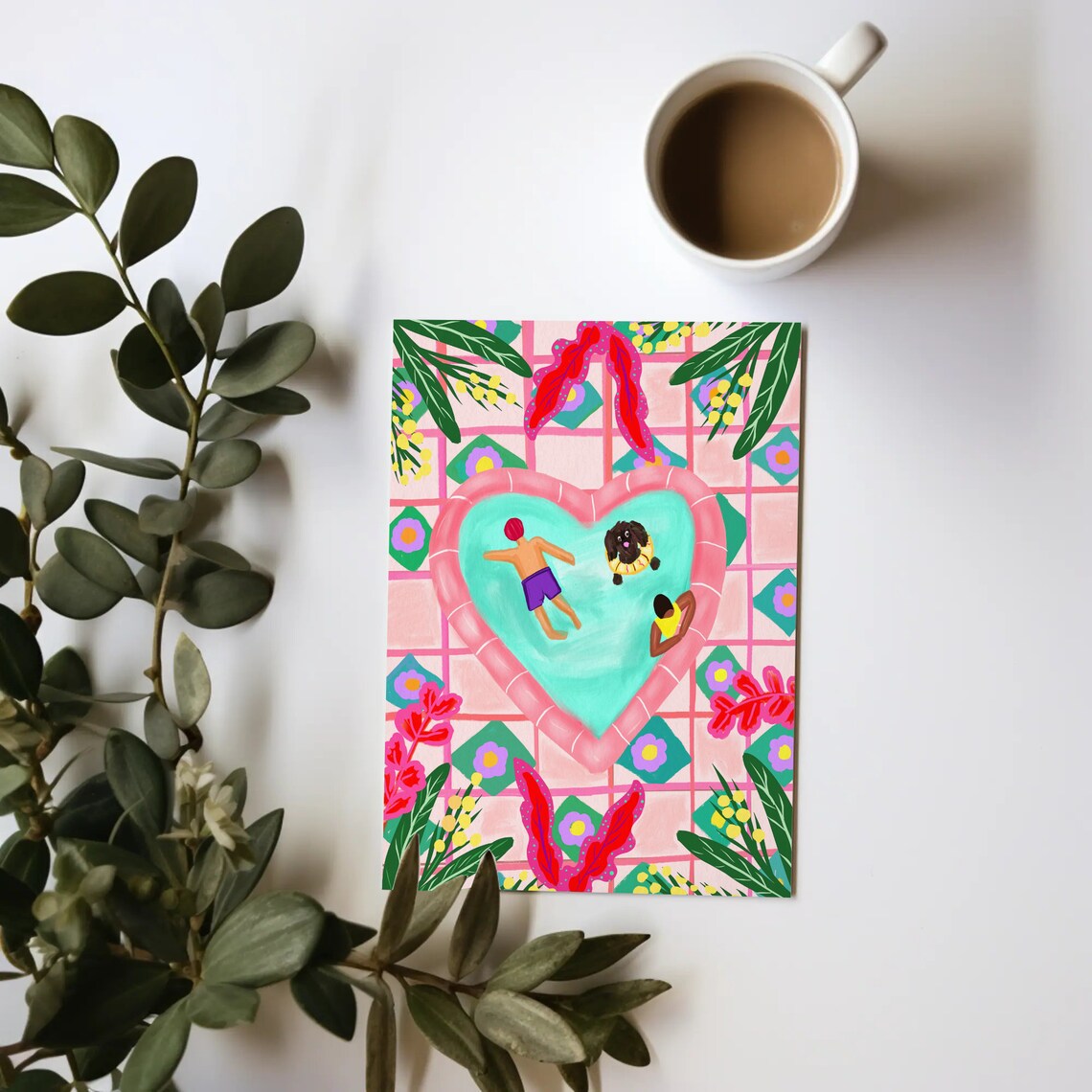 Whimsical Heart Shaped Pool Couple Dog Pink Aerial Art Poster