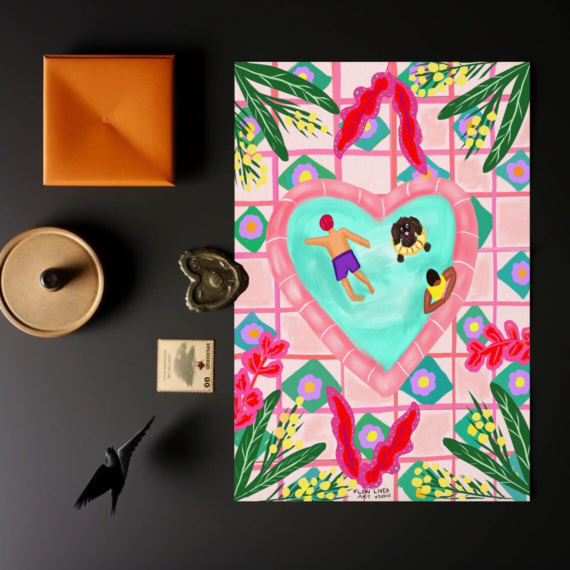 Whimsical Heart Shaped Pool Couple Dog Pink Aerial Art Poster - Image 3