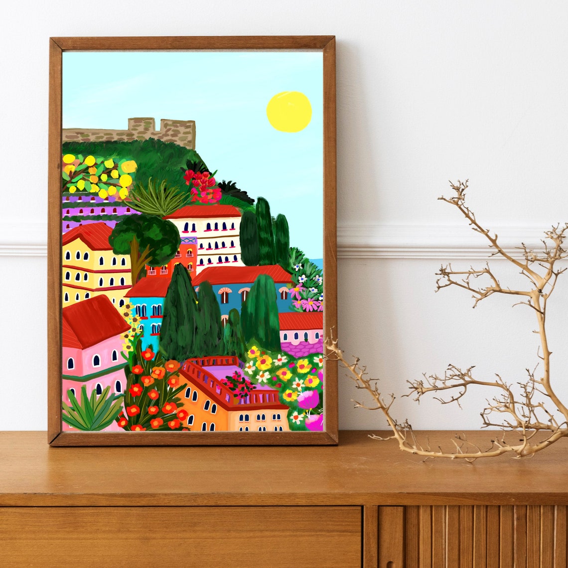 Colorful Mediterranean Coastal Village Hillside Town Art Print - Image 3