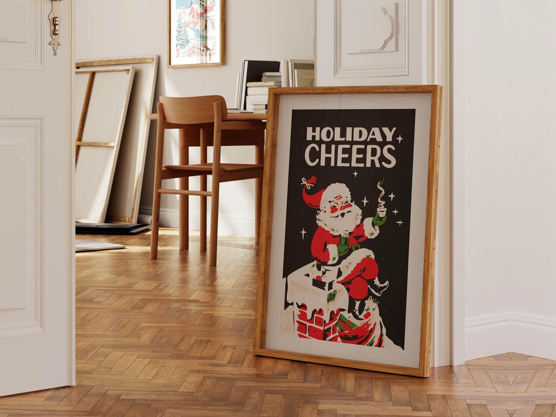 Retro Christmas Kitchen Wall Art, Holiday Party Print