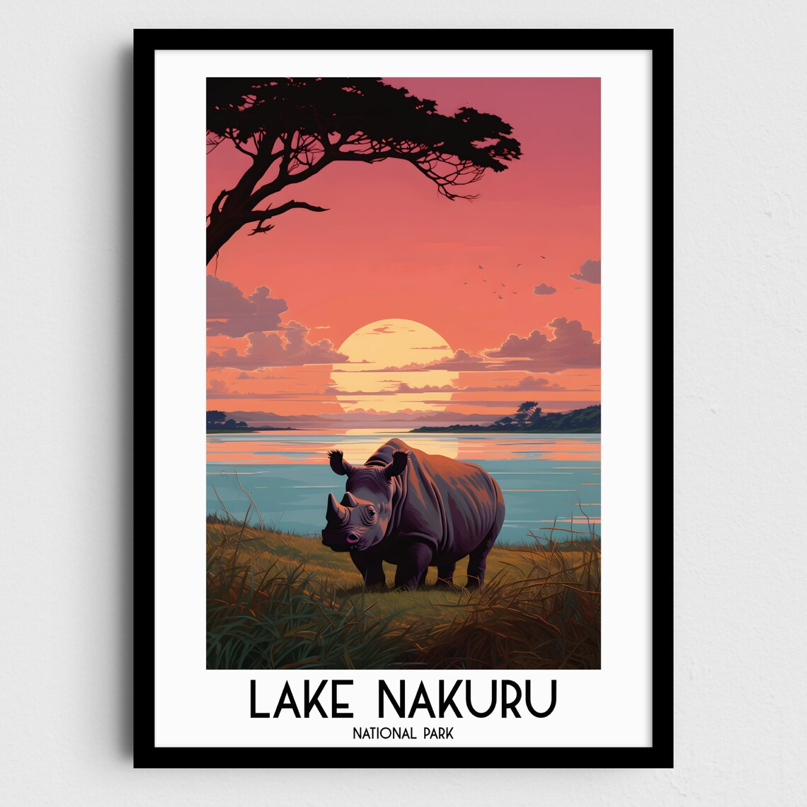 Lake Nakuru Kenya Rhino Sunset Lake Shore Wildlife Travel Poster