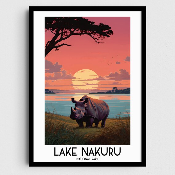 Lake Nakuru Kenya Rhino Sunset Lake Shore Wildlife Travel Poster