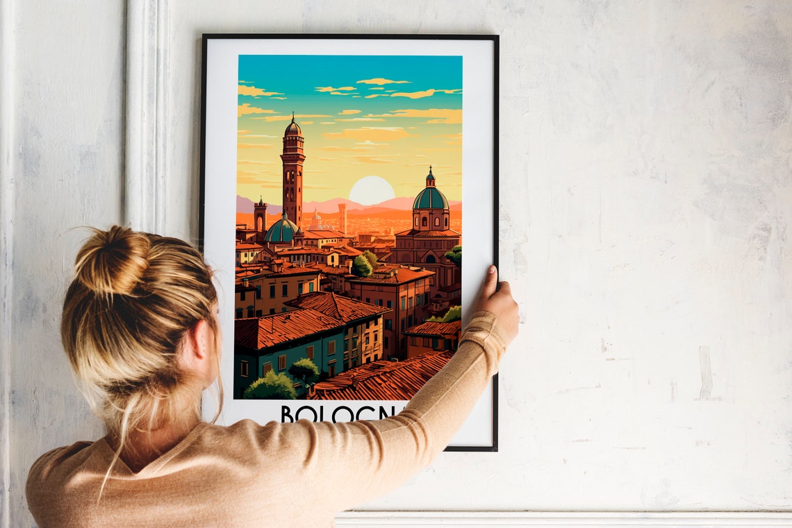 Bologna Italy Sunset Cityscape Medieval Towers Vintage Travel Poster - Image 2