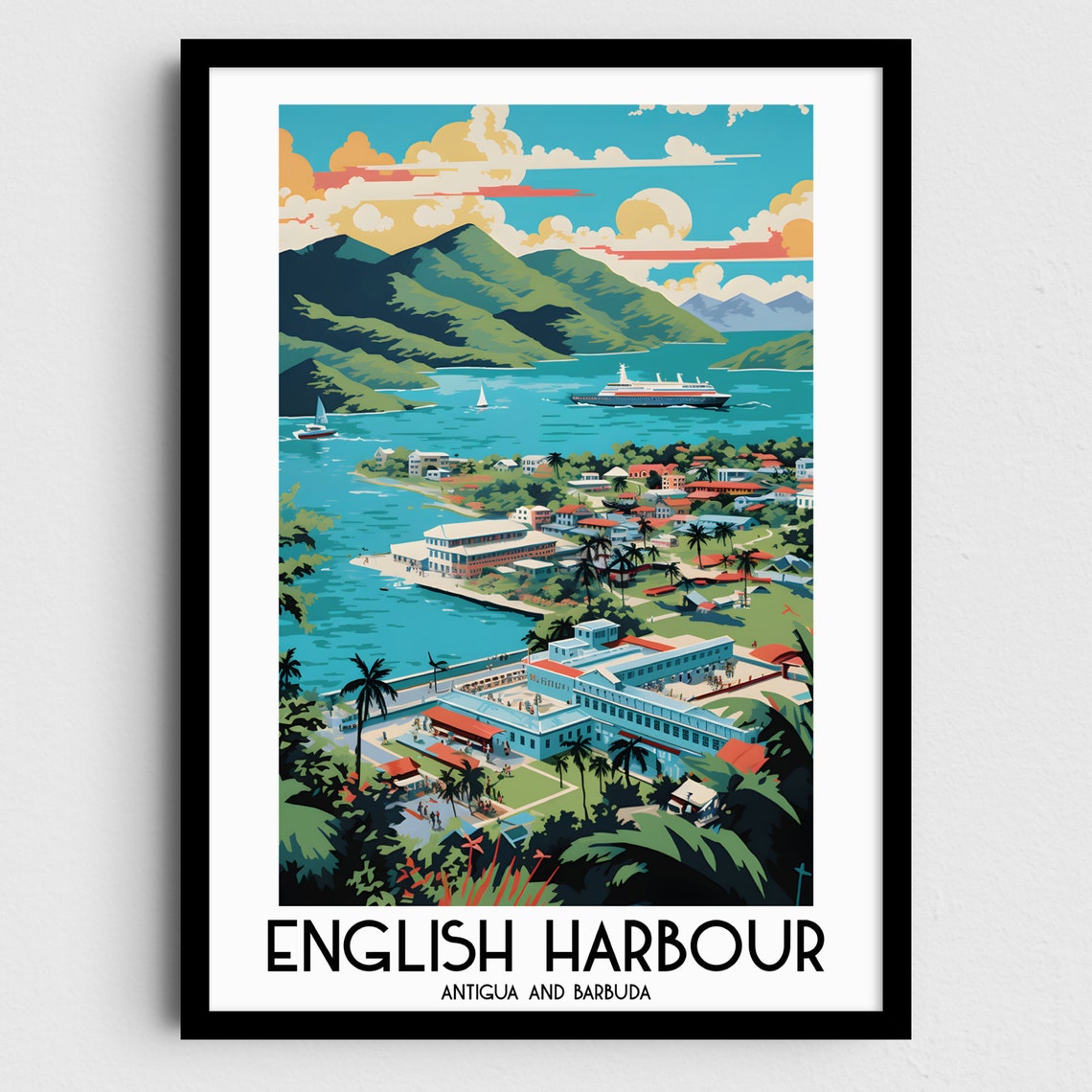 English Harbour Antigua Caribbean Bay Cruise Ship Scene Poster