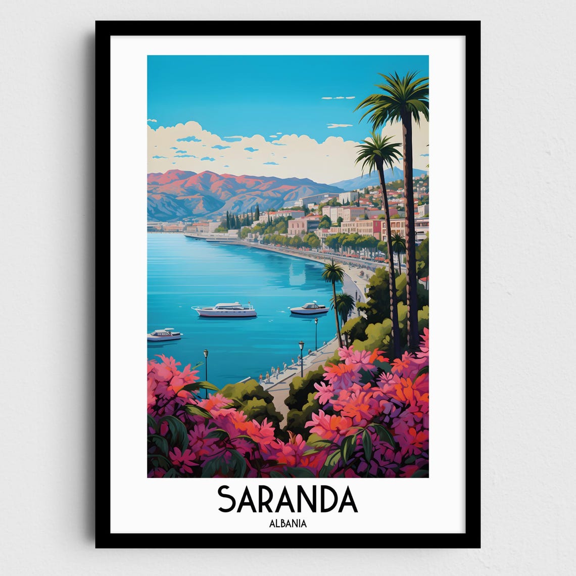 Saranda Albania Coastal Riviera Bay Boats Promenade Travel Poster