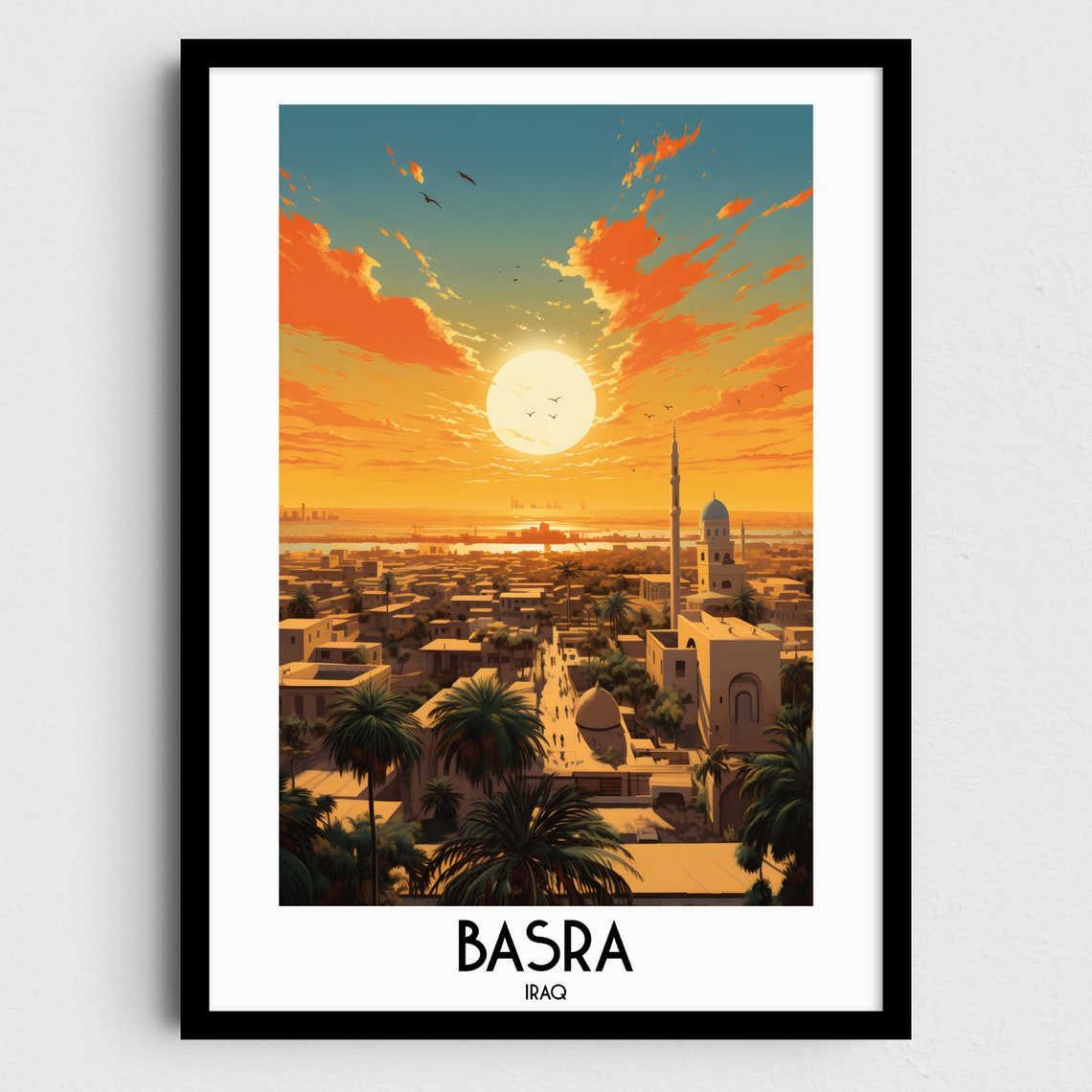 Basra Old City Minaret Domed Shrine Palms Sunset Iraq Travel Poster