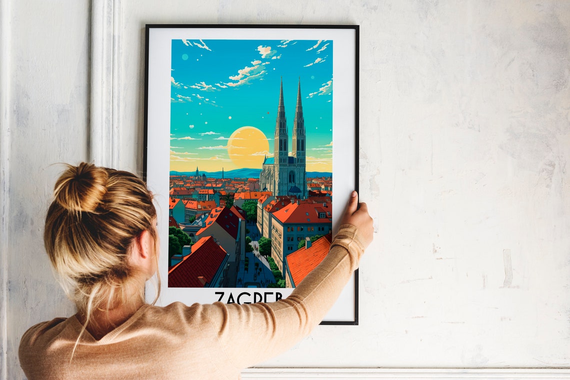 Zagreb Croatia Cathedral Twin Spires at Sunset Travel Poster - Image 2