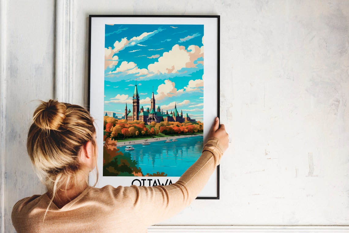 Ottawa Canada Parliament Hill on the River in Autumn Travel Poster - Image 2