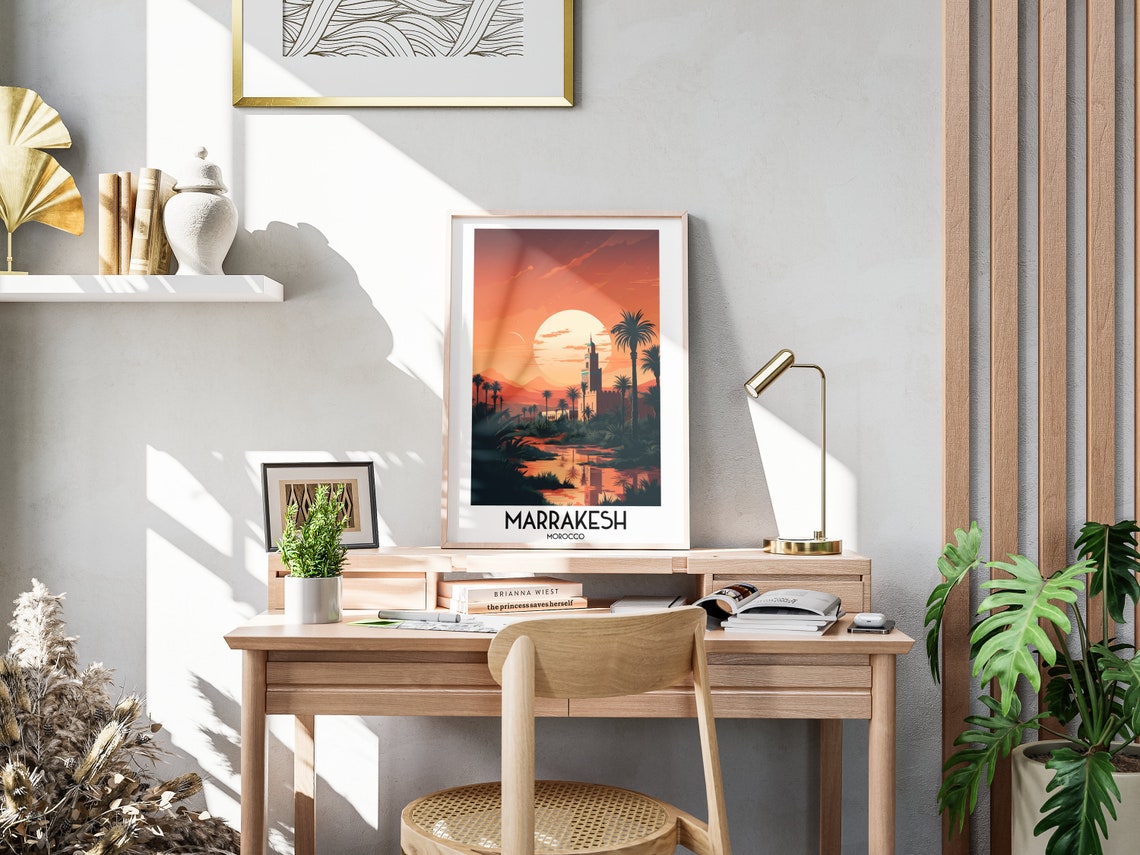 Marrakesh Morocco Minaret Palm Sunset Vintage Travel Art Poster - Image 3
