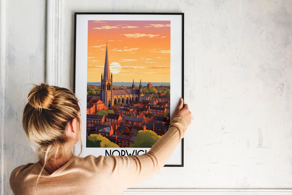 Norwich England Cathedral Sunset City Skyline Travel Art Poster - Image 2